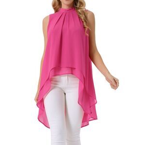 Casual Tie Back Asymmetrical Sleeveless Mock Neck Flowy Blouse Tops Hot Pink